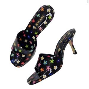 New Larroude Colette Rainbow floral Daisy Patent Leather Sandal Mule kitten heel